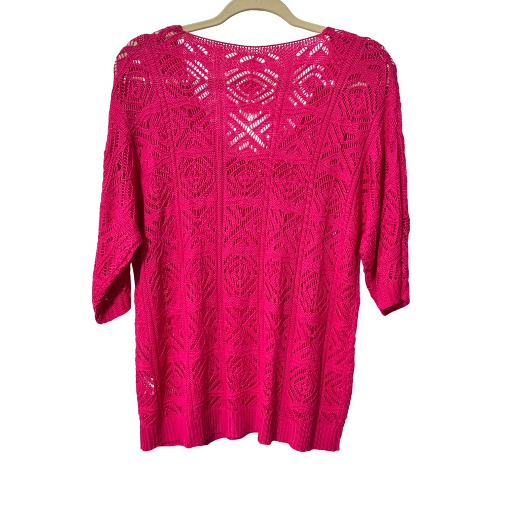 Dokotoo Womens Hot Pink Crochet Knit V-Neck 3/4 Sleeve Relaxed Sweater Large NEW - Picture 3 of 8